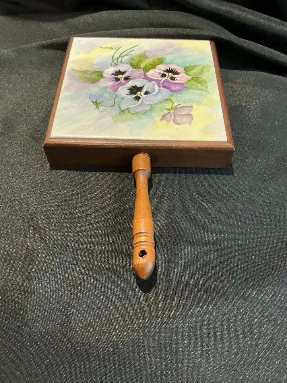 Franciscan Tile Wooden Handle Trivet Pansies J. Rhodin